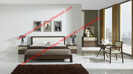 Classic Walnut wooden bedroom set by leather headboard and Flat Bedstead for mattress