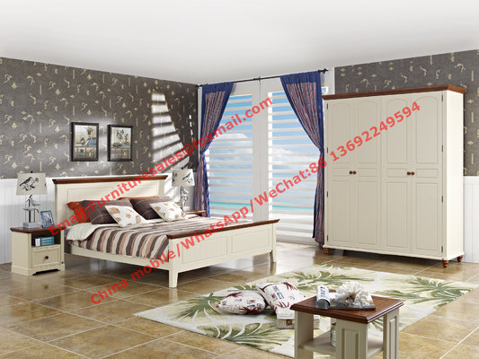 Mediterranean Style Apartment home use bedroom furniture by wood bed in white Beach panel and Brown rubber headboard