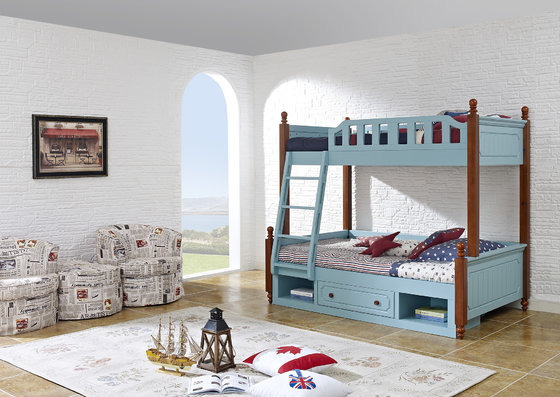 Sky blue painting bunk bed for children bedroom in solid wood frame and MDF plate with storage drawers in apartment furn