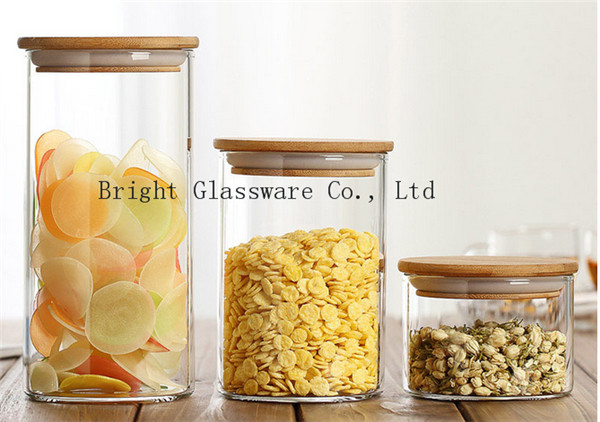 blown high borosilicate glass storage jar with wooden lid sale