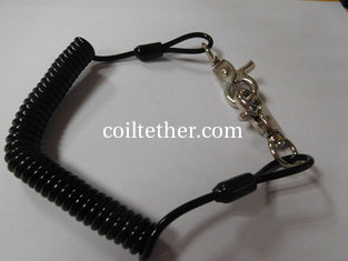 China Safety anti-drop solid black PU coil lanyard retractor holder w/swivel heavy duty hooks supplier