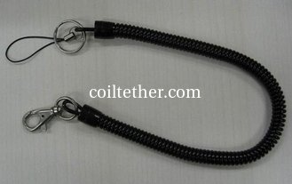 China Plastic Spring 30cm Unstretched Length Black Sprial Key Coil w/Split Ring Cellphone Loop and Press-in Hook supplier