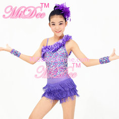 China 2 In 1 Jazz Tap Costumes Purple Sequin Dance Leotard Diagonal Ruffle Neck With Short Fringe Skirt supplier