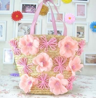 Pink flowers straw beach tote bag ladies favor