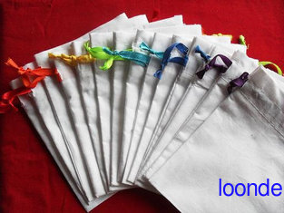 China 100 White Cotton bags with Rainbow color Satin Ribbon 5x7Great for Stamping Gift bag supplier