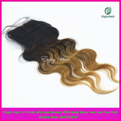 China Silk lace closure 3.5''x4'' peruvian virgin hair ombre1b/4#/27# color,body wave hair stock supplier