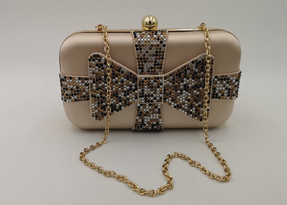 China Crystal Bow Satin Box Clutch Bag , Hardcase Metal Patent Clutch Bag supplier