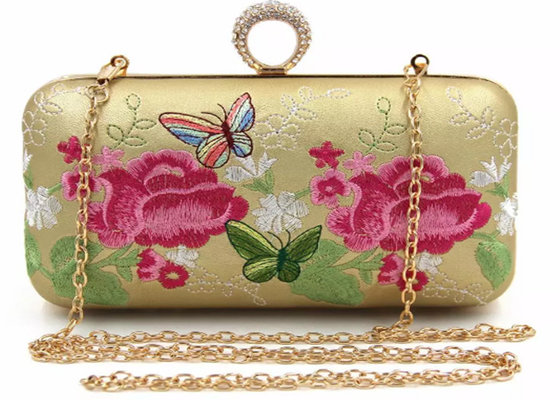 China Gold PU Leather Embroidered Evening Bag Crossbody Multi Flower For Women supplier