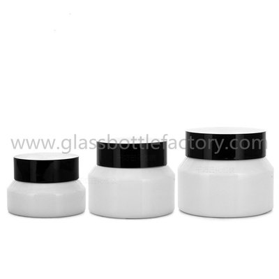 China 15,30g,50g Opal Glass White Sloping Shoulder Glass Cosmetic Jars With Black Lid supplier
