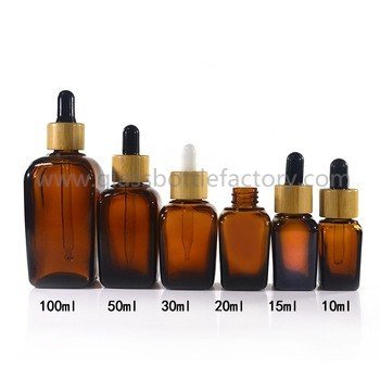 China 10ml-100ml Square Amber Essential Oil Glass Bottles With Bamboo Droppers supplier