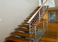 solid wooden tread straight staircase with tempered clear glass railing