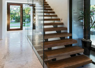 solid wooden tread straight staircase with tempered clear glass railing