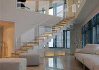 high quality straight staircase woden with tempered clear glass railing