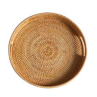 2024 New arrival Round Rattan Serving Tray Decorative Woven Ottoman Trays with Handles for Coffee Table Natural color
