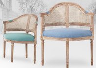 China Antique rental wedding upholstery chair event furniture with wooden carved rattan back chair with armrest and cushion manufacturer