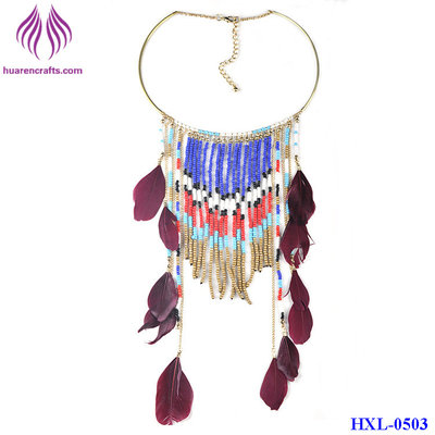 China Fashion bead tassel Pendant long Chain Feather Necklace supplier