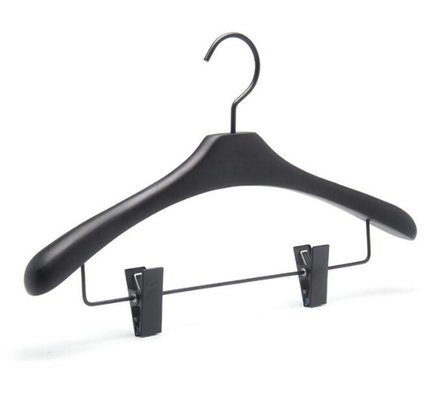 China Customized dark black  color wooden coat hanger with  metal  bar clip supplier