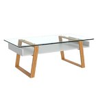Modern Coffee Table For Living Room, White Coffee Table, Coffee or Side Table With Natural Wood Frame and Glass Top