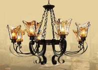China Black 8 Light Home Decorative Wrought Iron Chandelier With Amber Glass Shade distributor
