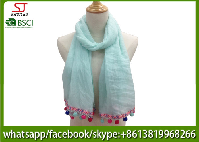 Chinese factory colorful pompom spring summer thin tassel scarf 20%Cotton 80%Polyester 70*180cm sun protection