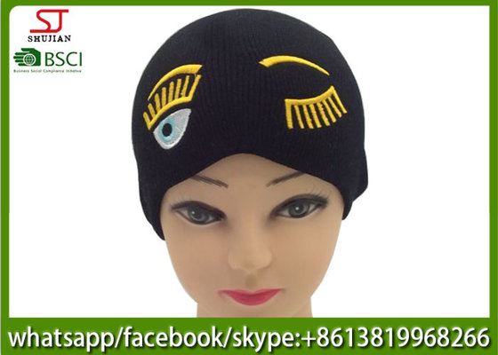 Chinese manufactuer  embroider knitting stripe hat 53g 20*22cm 100%Acrylic keep warm