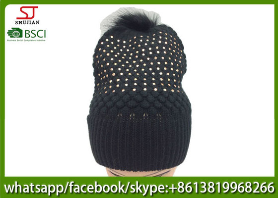 Chinese manufactuer free faux fur pompom knitting stripe hat  cap  patterns beanie 75g 18*24cm 100%Acrylic keep warm