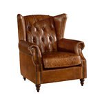 Georgian Style High Backed Winged Leather Chairs , Brown Leather Armchair Deep Buttoned Back