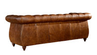 Retro Vintage Three Seater Leather Sofa With Brass Nails / Leather Buttons