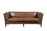 Simple Loft Style Compact 3 Seater Brown Leather Couch Wood Legs Long Service Life