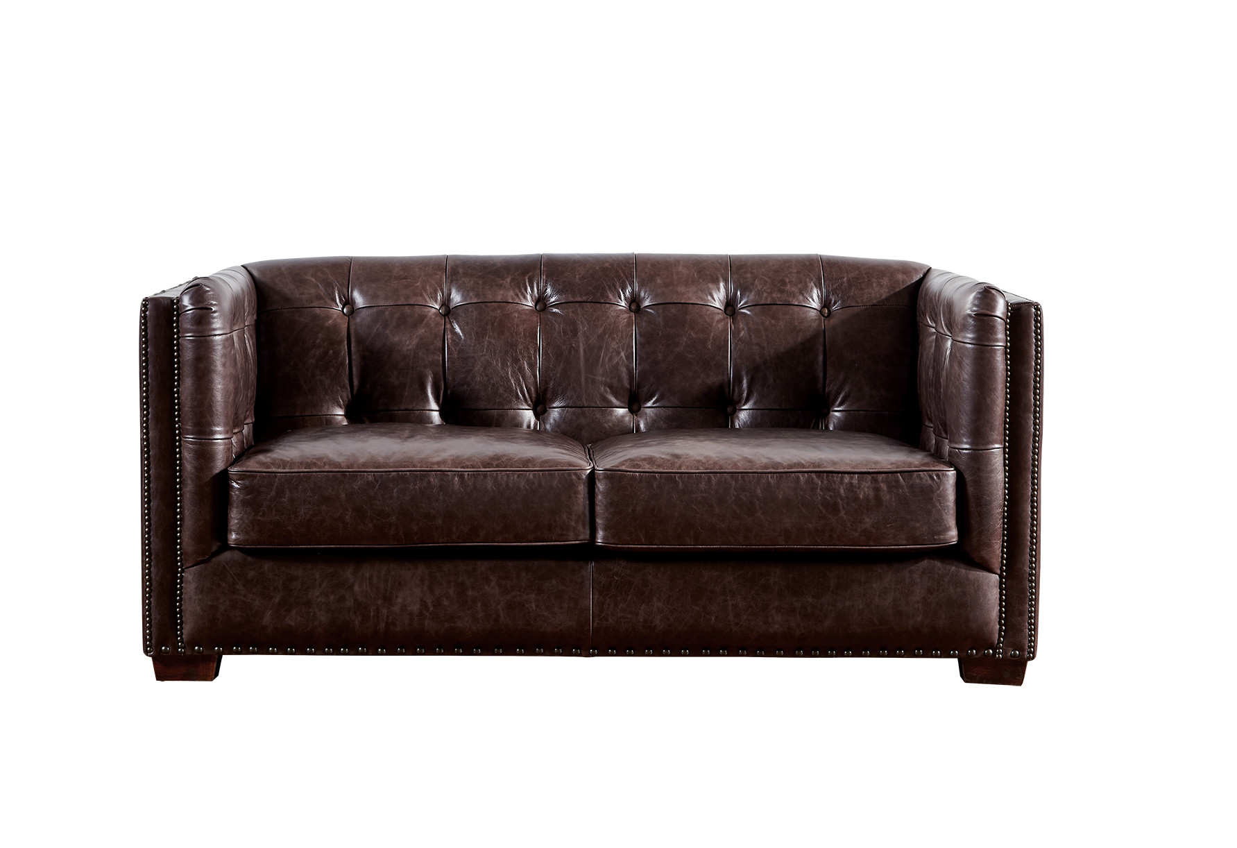 Wooden Legs Dark Brown Leather 2 Seater Sofa , Two Seater Leather Couch Durable