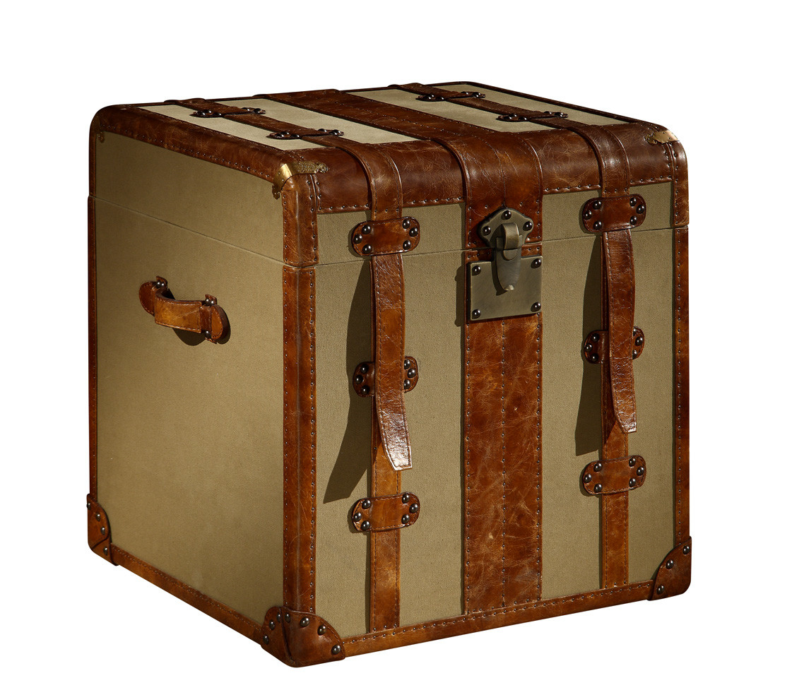 Copper Nails Leather Storage Trunk Antique Style Strong Canvas House Application