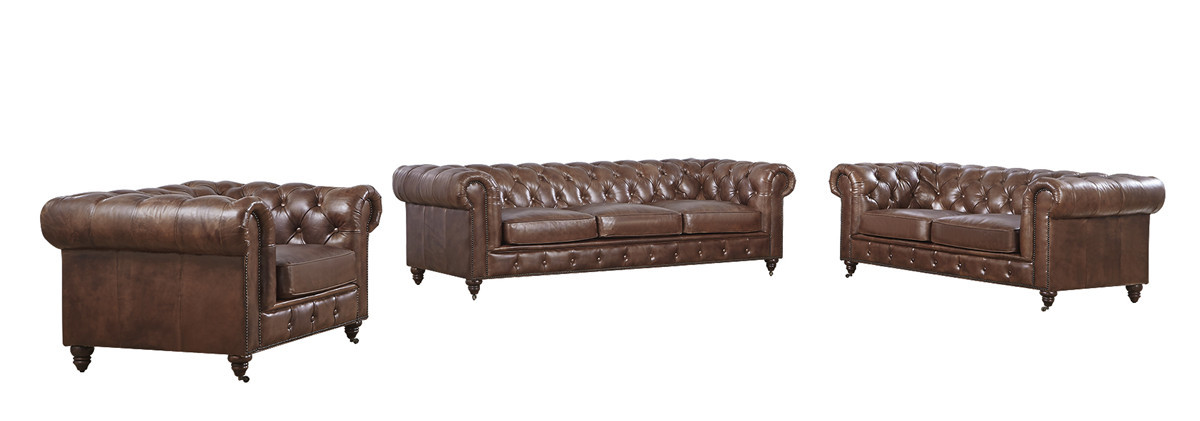 Classic Oil Wax Vintage Dark Brown Leather Sofa Living Room Commercial Furniture