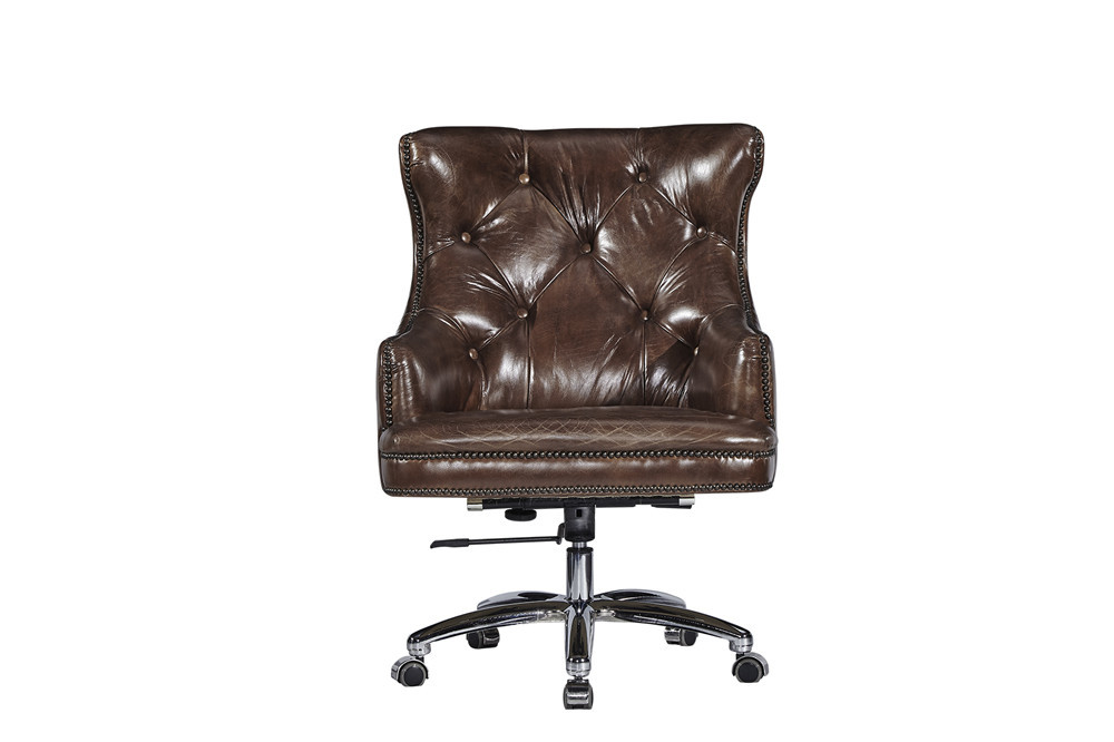 Deep Buttons Back Leather Office Desk Chair , Brown Leather Executive Desk Chair