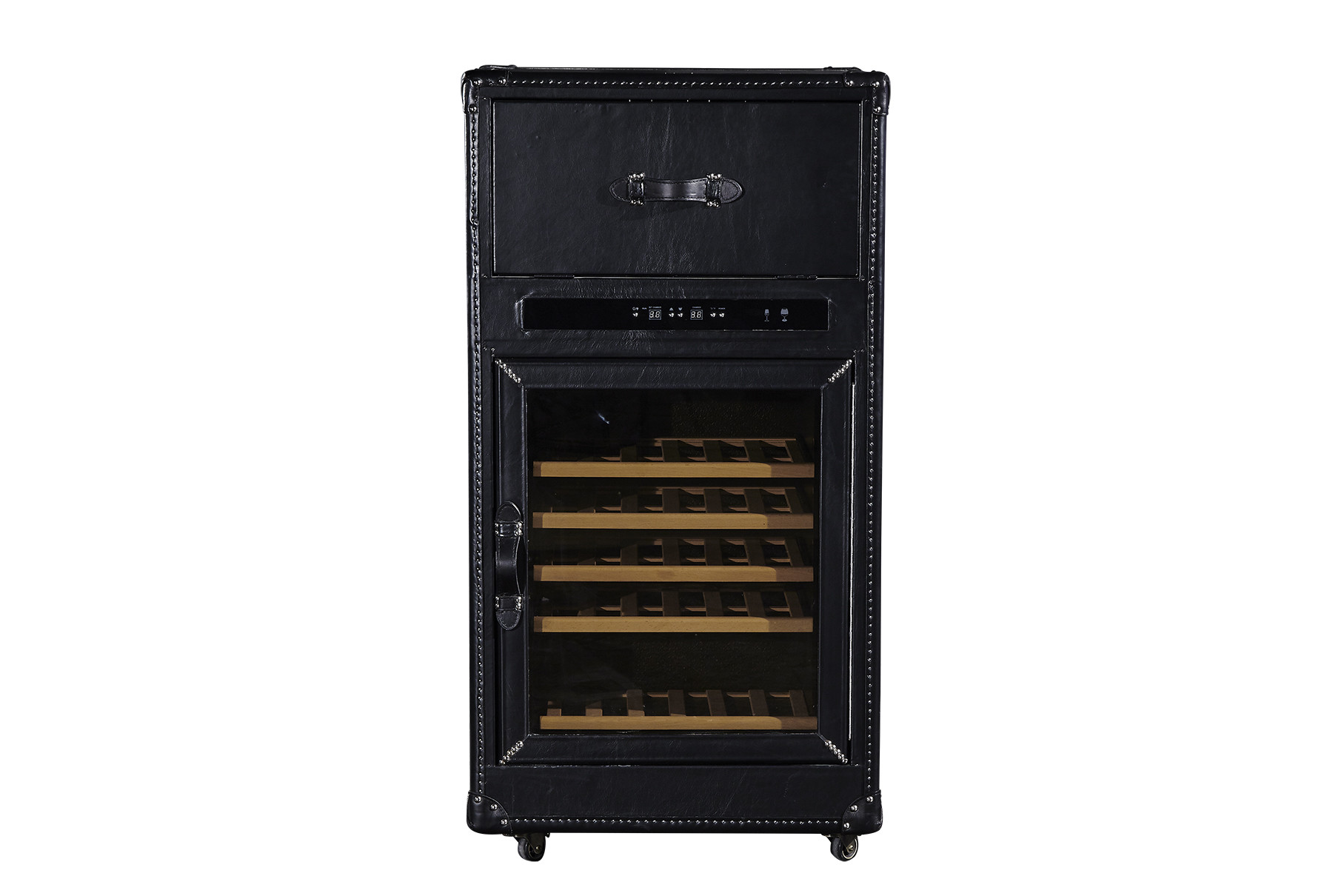 Black Color Wine Storage Cabinet Top Grain Vintage Scratches Genuine Leather Wheel Legs