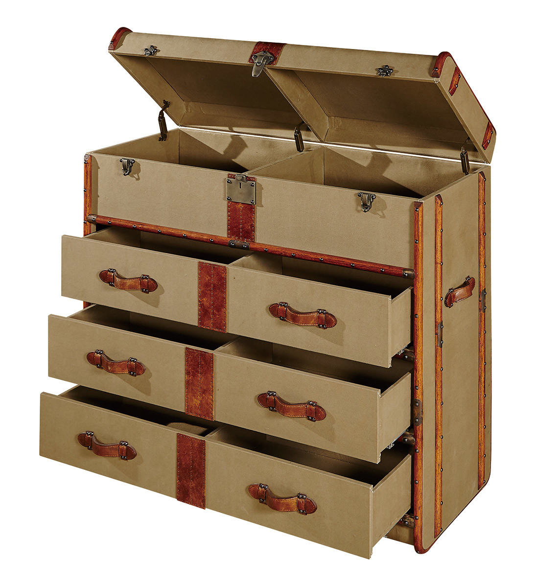 Retro Canvas Brown Leather Storage Chest ,  Vintage Steamer Trunk 4 Layers Big Cabinet
