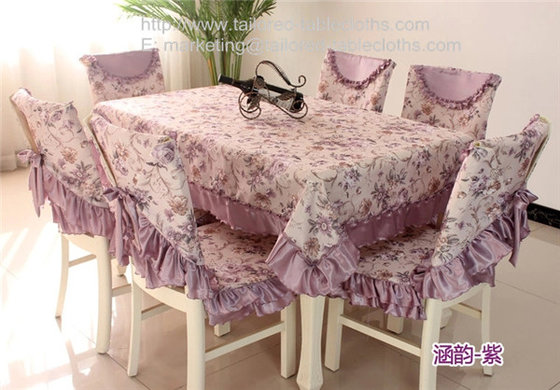 China Purple floral tablecloths and chair covers with satin borders, supplier