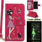 Luminous 3D Girl pattern PU iPhone Case with Cash Slots Stand Wristlet Strap for iPhone