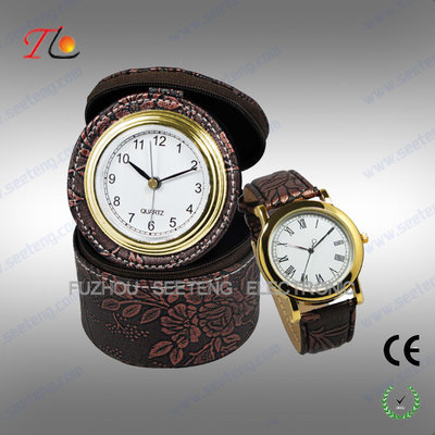 China Elegant classic travel PU leather desk clock and watch gift set for promotion supplier