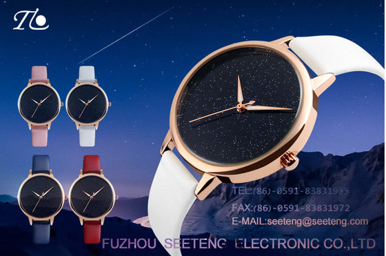 China Simple and clean starry sky dial golden alloy case ladies watch with colorful pu leather strap supplier