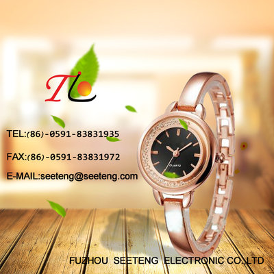 China Ladies watch with golden metal band bracelet buckle and double circle case black color dial supplier