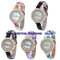 Flower printing PU leather strap and diamond inset case for ladies watch supplier