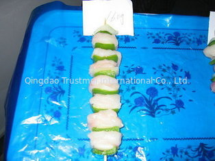 MSC frozen Hoki skewers with green pepper. Macruronus novaezelandiae