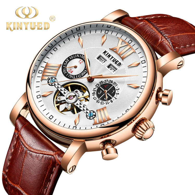 KINYUED J017-1  White Dial Gold Case Leather Strap Complete Calendar  Skeleton Automatic Mechanical relojes Watch supplier