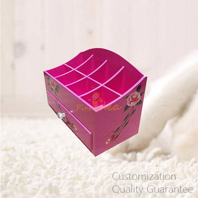 China Matte Pink Color Finished Hand Drawing MDF Wooden Desktop Cosmetics Display Organizer Box, Personalized Logo Brand. supplier
