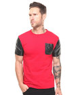 Red shirt with black leather sleeve shirt and pocket men factory product