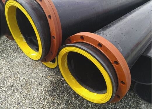 China qualified HDPE flared pipe with wear resistant lining layer and steel ring supplier
