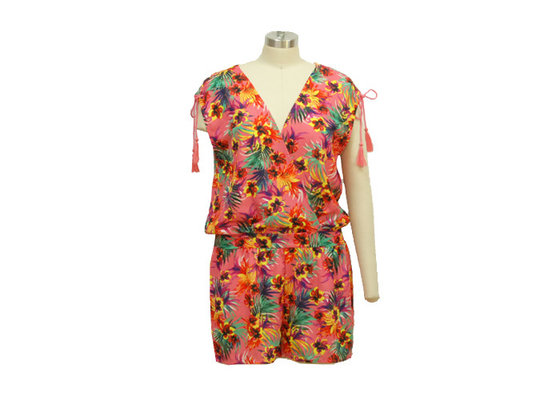 China Satin Ladies Summer Jumpsuits , Loose Off The Shoulder Floral Jumpsuit Mesh Fabric supplier