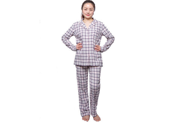 China Ladies Yarn Dye Check Flannel Pyjamas , Womens Flannel Pajamas Full Open Placket supplier