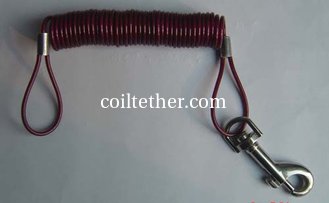 China 3.0mm transparent red PU coated spring steel wire rope cables with metal hook and loop&amp;cri supplier