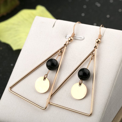 China Black Agate Long Earrings, Triangle Design Staineless Steel Earring, 18K Gold Color Earring supplier